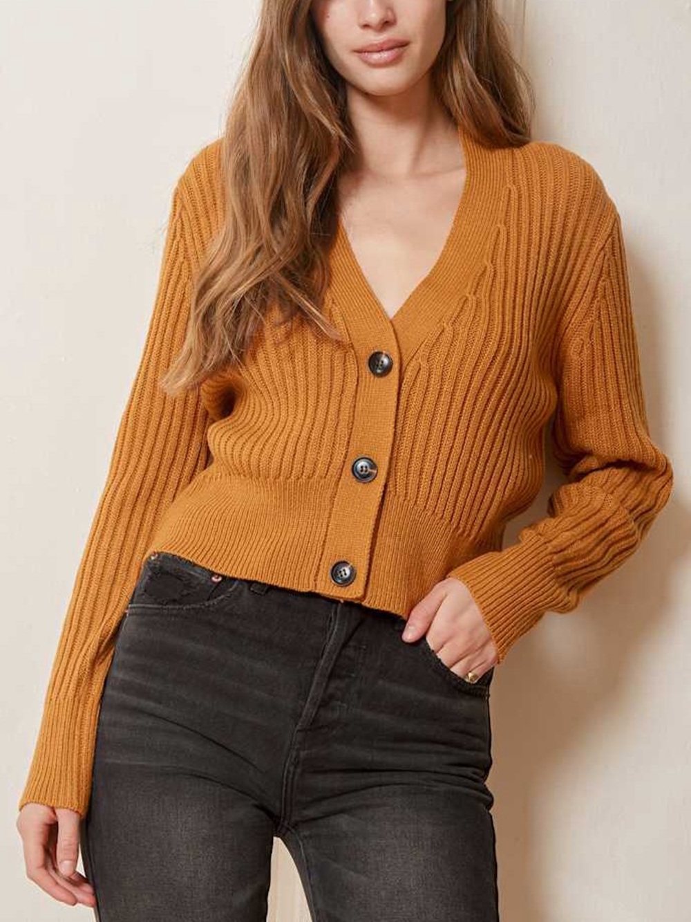 Lulu's Golden Mustard Ribbed Button-Front Cardigan